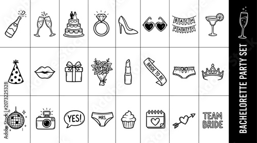 Bachelorette party doodle icons featuring a black silhouette style collection of wedding and celebration elements for fun event planning