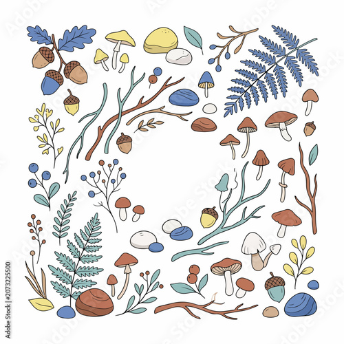 Colorful illustration of various mushrooms and plants.