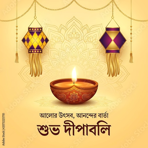 Diwali festival greeting card with traditional diya lamp and decorative lanterns