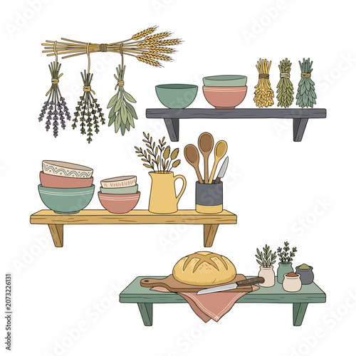 Colorful kitchen shelves with baking ingredients.