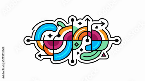 A colorful abstract design with swirling shapes and arrows