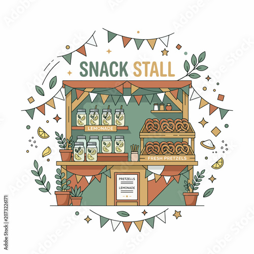 Colorful Snack Stall Food Market Stand.