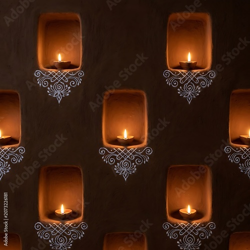 Traditional diwali oil lamps with white rangoli patterns on a rustic clay wall