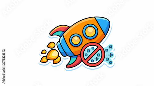 A cartoon-style illustration of a rocket ship with a prohibition sign