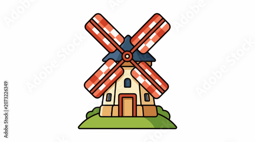 A cartoon-style illustration of a small windmill with a red and white checkered blades