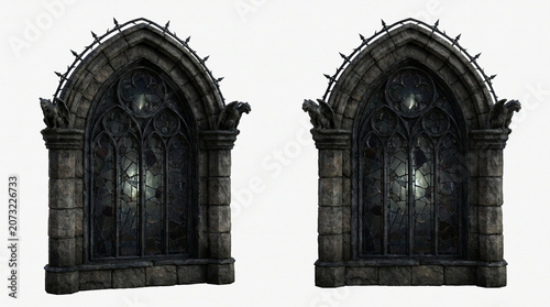 Gothic stone windows, stained glass, dark architecture, medieval design elements, 2 arched windows