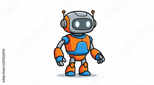 A cartoon robot with orange and blue body and gray head