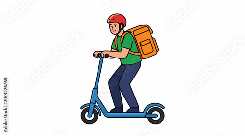 A cartoon man wearing a red helmet and orange backpack riding a blue scooter