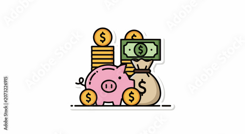 A cartoon illustration of a pink piggy bank surrounded by coins and a money bag