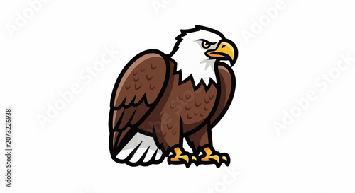 A cartoon illustration of a brown eagle with white feathers on its head tail and neck and yellow beak and feet