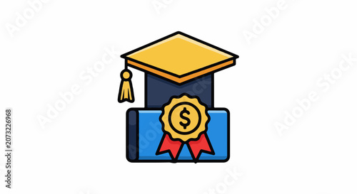 A cartoon graduation cap and certificate with a gold seal