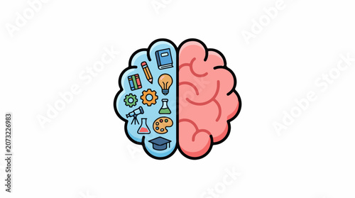 A cartoon brain with a blue left side filled with learning icons and a pink right side