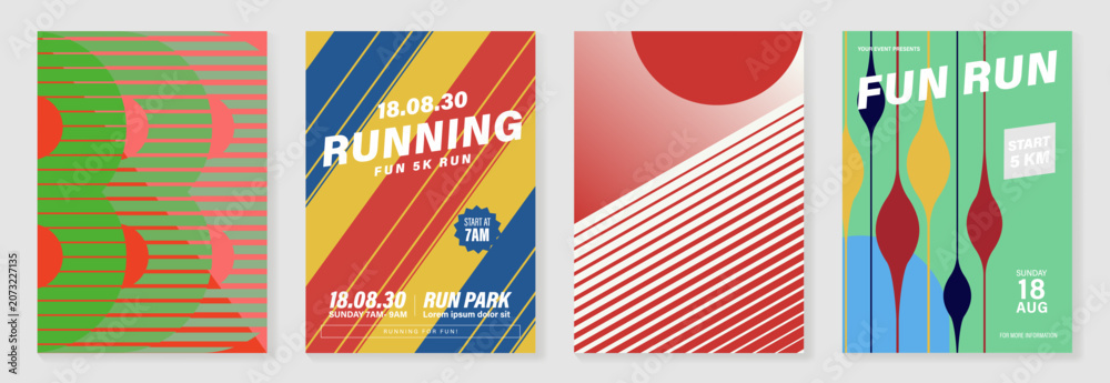 Obraz premium Running poster vector template set with bold geometric sport event layouts, 5k charity race flyer and retro athletic cover design