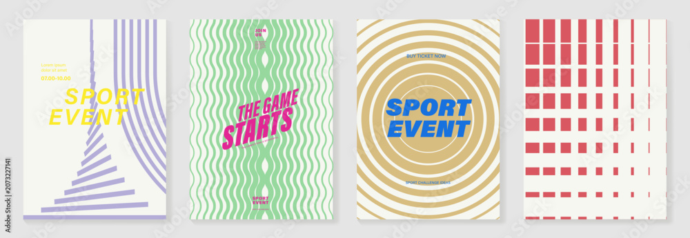 Obraz premium Running poster vector template set with bold geometric sport event layouts, 5k charity race flyer and retro athletic cover design