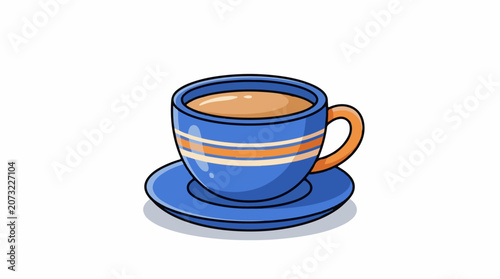 A blue coffee cup with orange and white stripes on a matching saucer