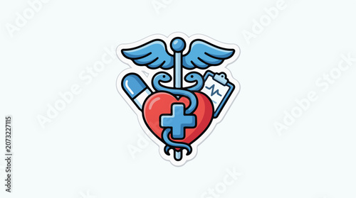 A blue and red medical symbol with a heart wings and a cross