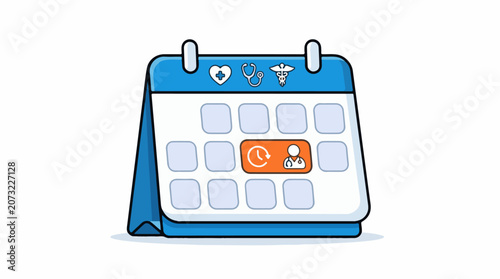 A blue and white calendar with medical symbols
