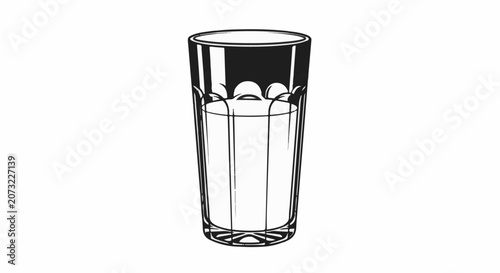 A black and white illustration of a tall drinking glass half filled with liquid
