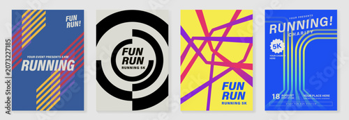 Running poster vector template set with bold geometric sport event layouts, 5k charity race flyer and retro athletic cover design