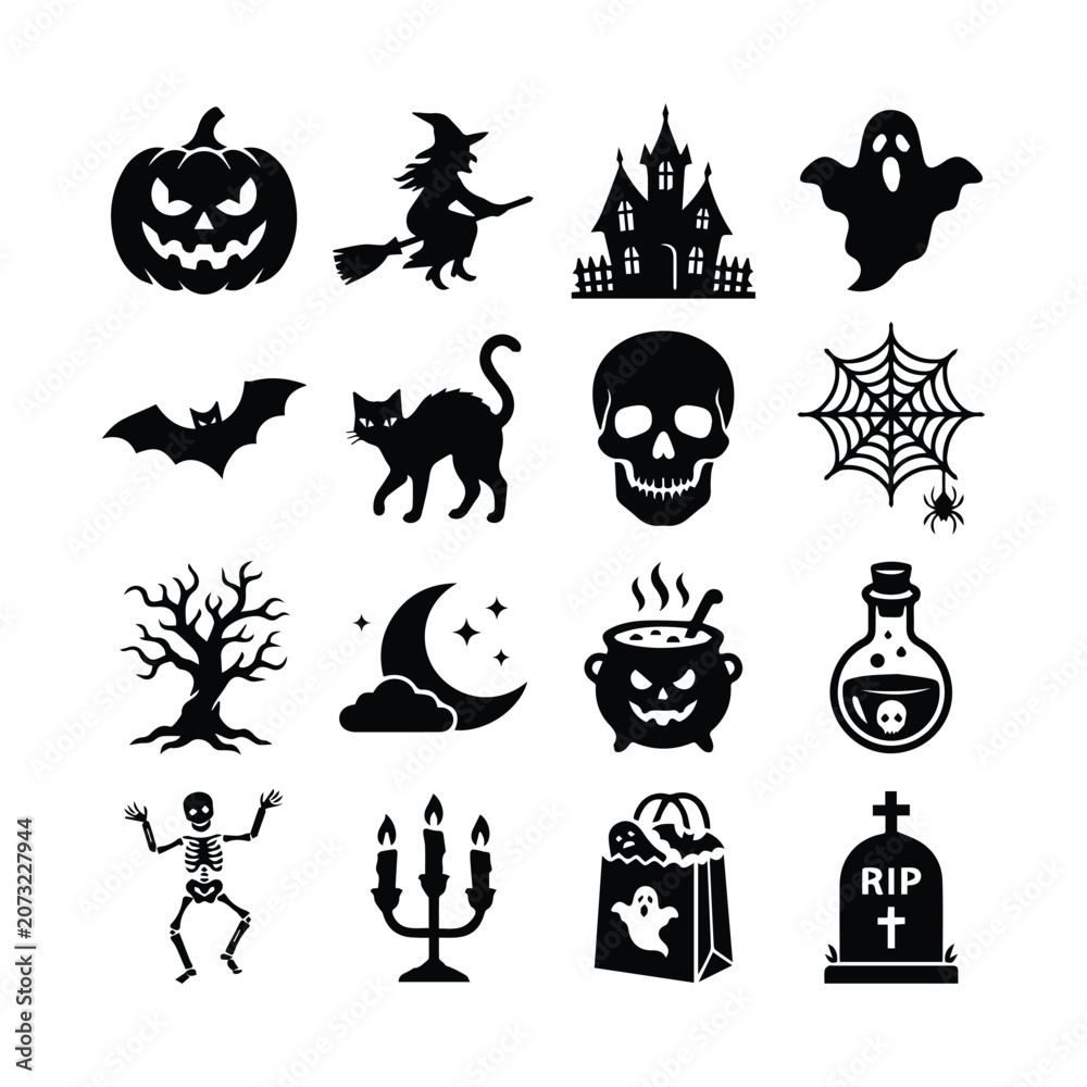 Fototapeta premium Comprehensive collection of traditional halloween symbols for seasonal graphics