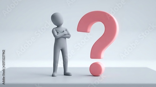 Small grey 3d character standing with arms crossed next to a large pink question mark