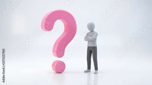3D character standing with arms crossed next to a large pink question mark sign