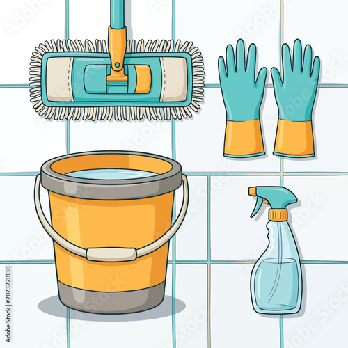 Cleaning supplies on tiled wall background.