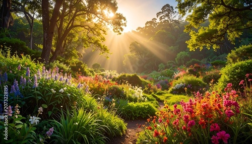 Vibrant colorful garden with sunlight flowers.