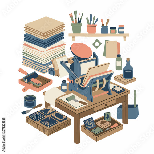Colorful art studio workspace with supplies.
