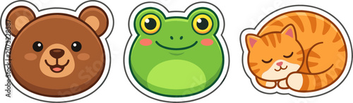 Obraz na plátně Cute Cartoon Animal Sticker Vector Set Featuring Happy Brown Bear Face Smiling G