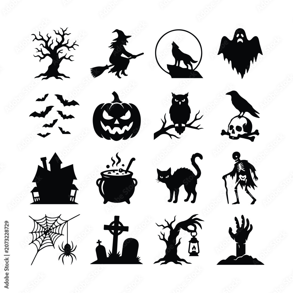 Fototapeta premium Traditional halloween silhouette icons collection with witch ghost pumpkin