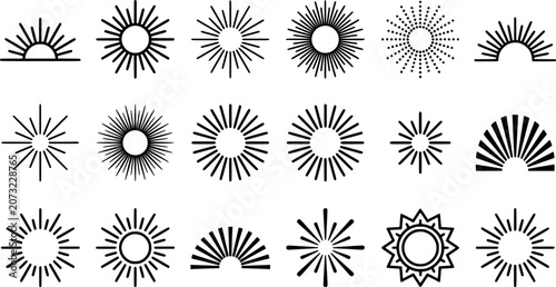 Black Sunburst Icons Set with Radiant Sunrise, Light Rays and Solar Symbols