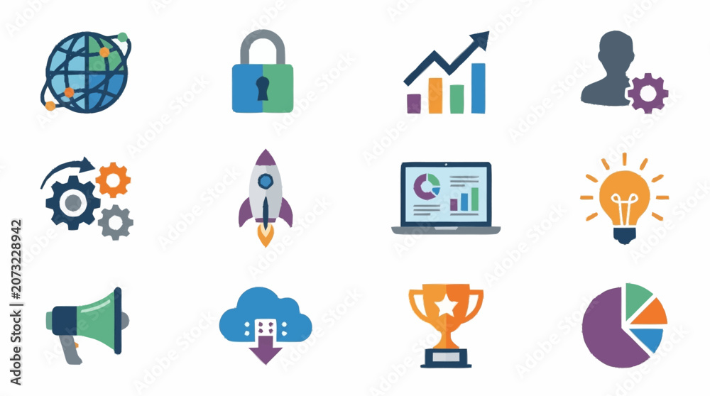 Fototapeta premium Colorful flat design icons for business and technology concepts.