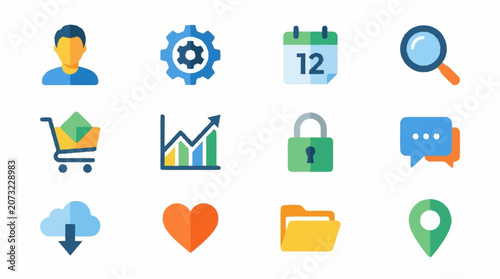 Colorful flat design icons for business and technology.