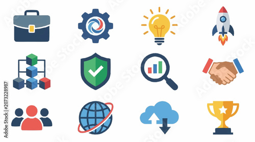 Colorful flat design icons for business and technology concepts.