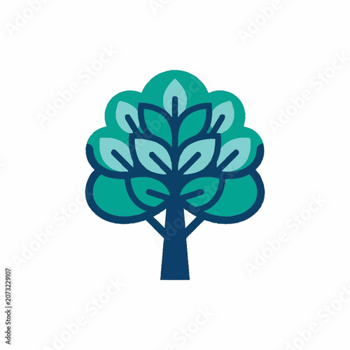 Flat Design Tree Icon with Green Leaves and Blue Trunk.