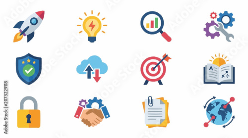 Colorful flat design icons for business and technology concepts.