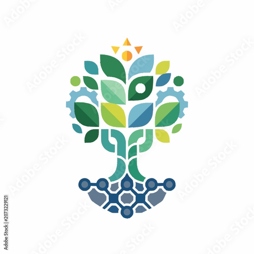 Colorful Abstract Tree of Life with Geometric Leaves and Roots.