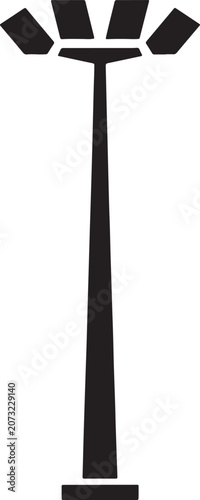 Minimalist stadium floodlight icon vector, industrial street lamp silhouette, black outdoor arena lighting pole for sports and urban design