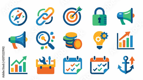 Colorful flat design business and technology icons set.