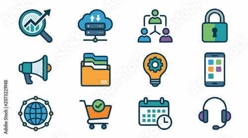 Colorful flat design icons for business and technology.