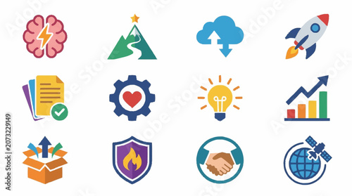 Colorful flat design icons for business and technology concepts.