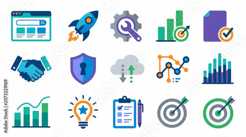 Colorful flat design business and technology icons set.