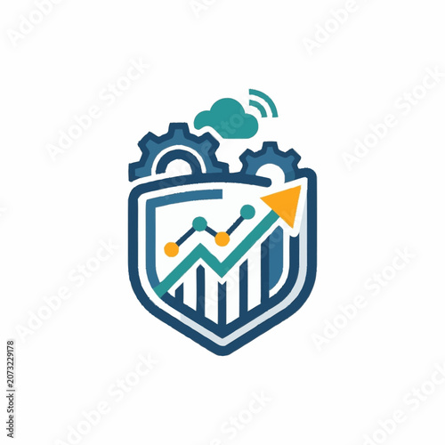 Shield logo with gears cloud and growth chart icon.