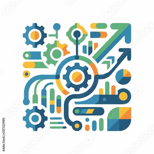 Colorful gear and graph icons representing business growth.