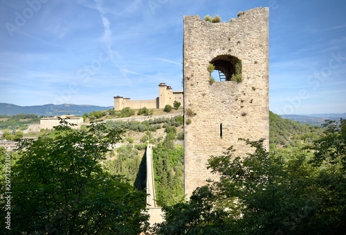 Spoleto, the Rocca Albornoziana, and the Bridge of Towers. Umbria, Italy