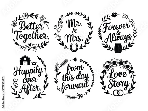 Fotografi Collection of six elegant black and white graphic design elements featuring wedd