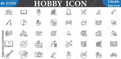Canvastavla Set of 40 hobby icons, including creative arts, gardening, cooking, music, trave