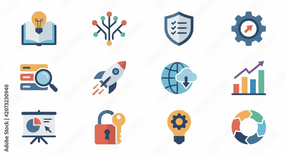Fototapeta premium Colorful flat design icons for business and technology concepts.