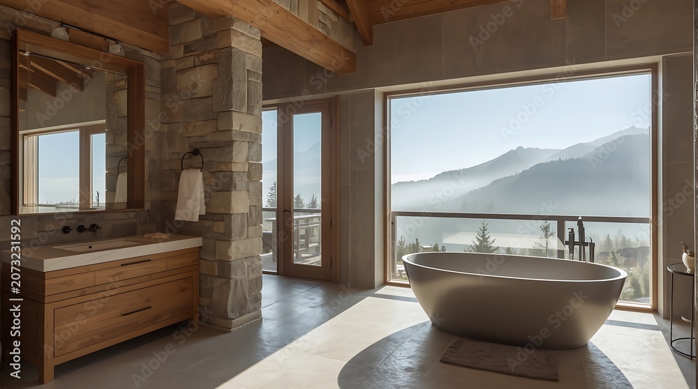 Fototapeta premium Luxurious Bathroom with Mountain View and Freestanding Bathtub.